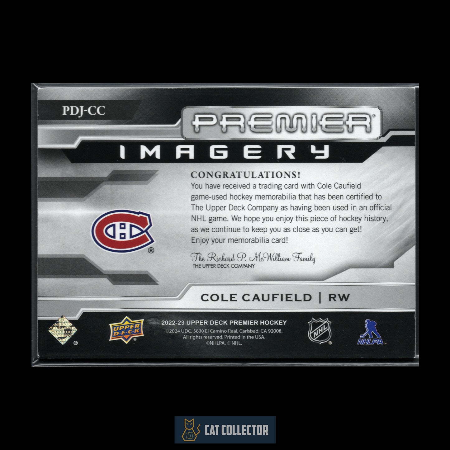 2022-23 Upper Deck Premier COLE CAUFIELD #PDJ-CC Dynamic Imagery Jersey /300