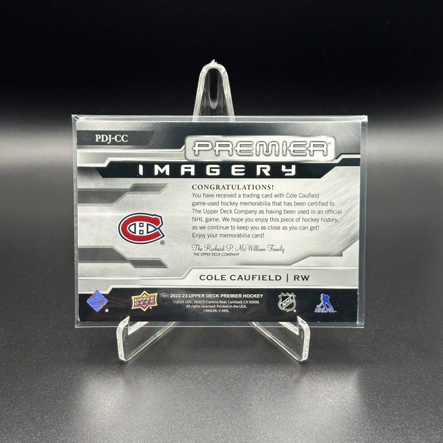 2022-23 Upper Deck Premier COLE CAUFIELD #PDJ-CC Dynamic Imagery Jersey /300