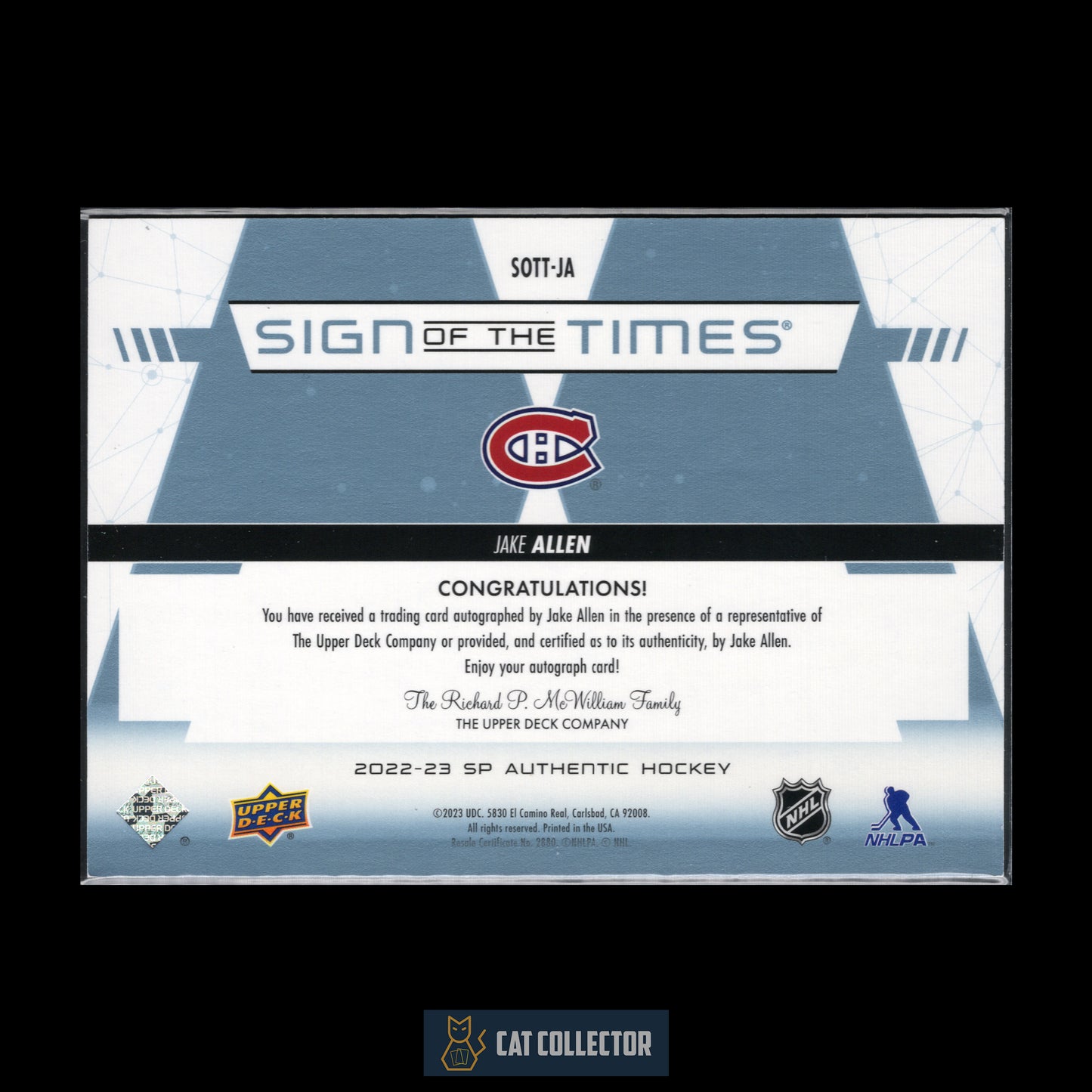 2022-23 Upper Deck SP Authentic JAKE ALLEN #SOTT-JA Sign of the times Auto