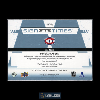 2022-23 Upper Deck SP Authentic JAKE ALLEN #SOTT-JA Sign of the times Auto