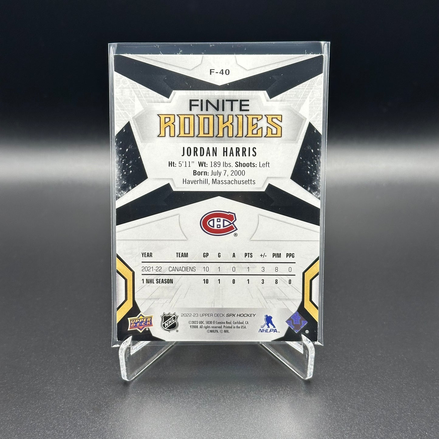 2022-23 UD SPx JORDAN HARRIS #F-40 Finite Rookies Platinum RC /99