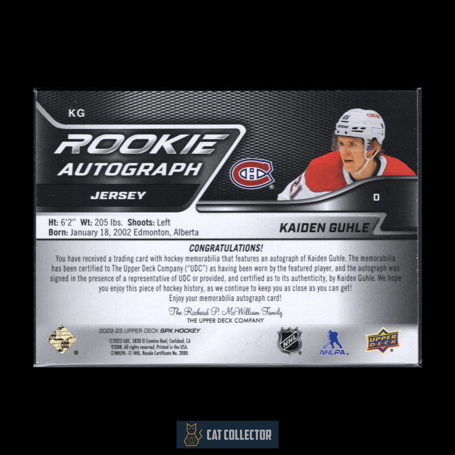 2022-23 Upper Deck SPx KAIDEN GUHLE #KG Rookie Autograph Jersey RC /375