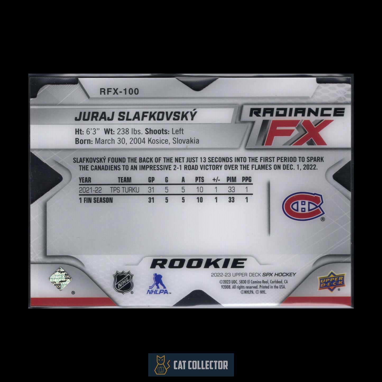 2022-23 UD SPx JURAJ SLAFKOVSKY #RFX-100 Radiance FX Red RC /249