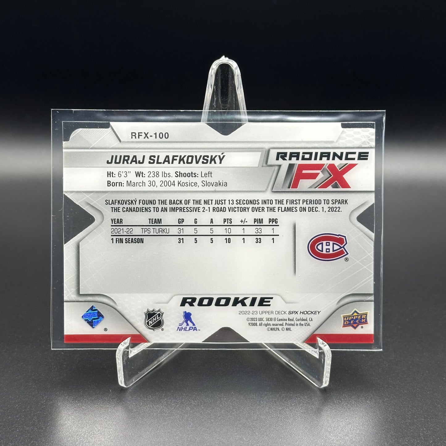 2022-23 UD SPx JURAJ SLAFKOVSKY #RFX-100 Radiance FX Red RC /249