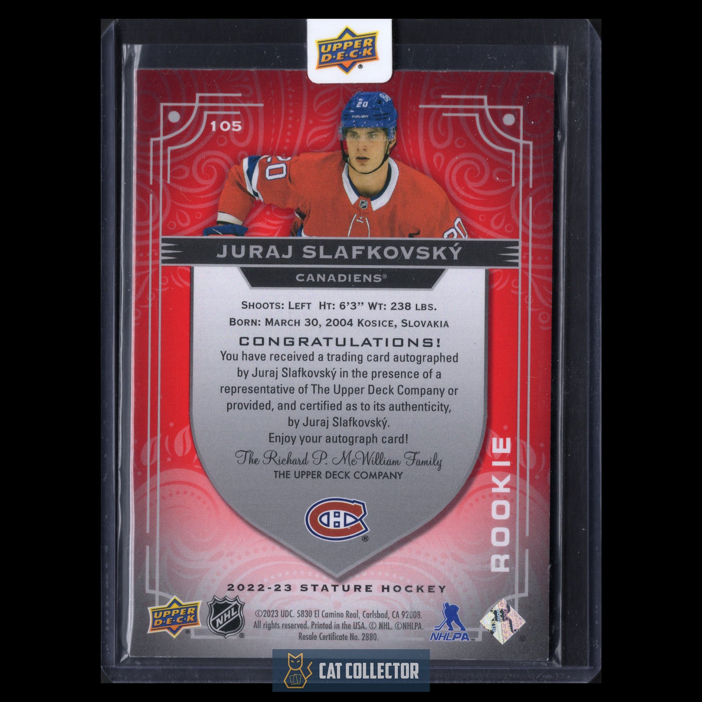 2022-23 Upper Deck Stature JURAJ SLAFKOVSKY #105 Rookie Auto Red /35