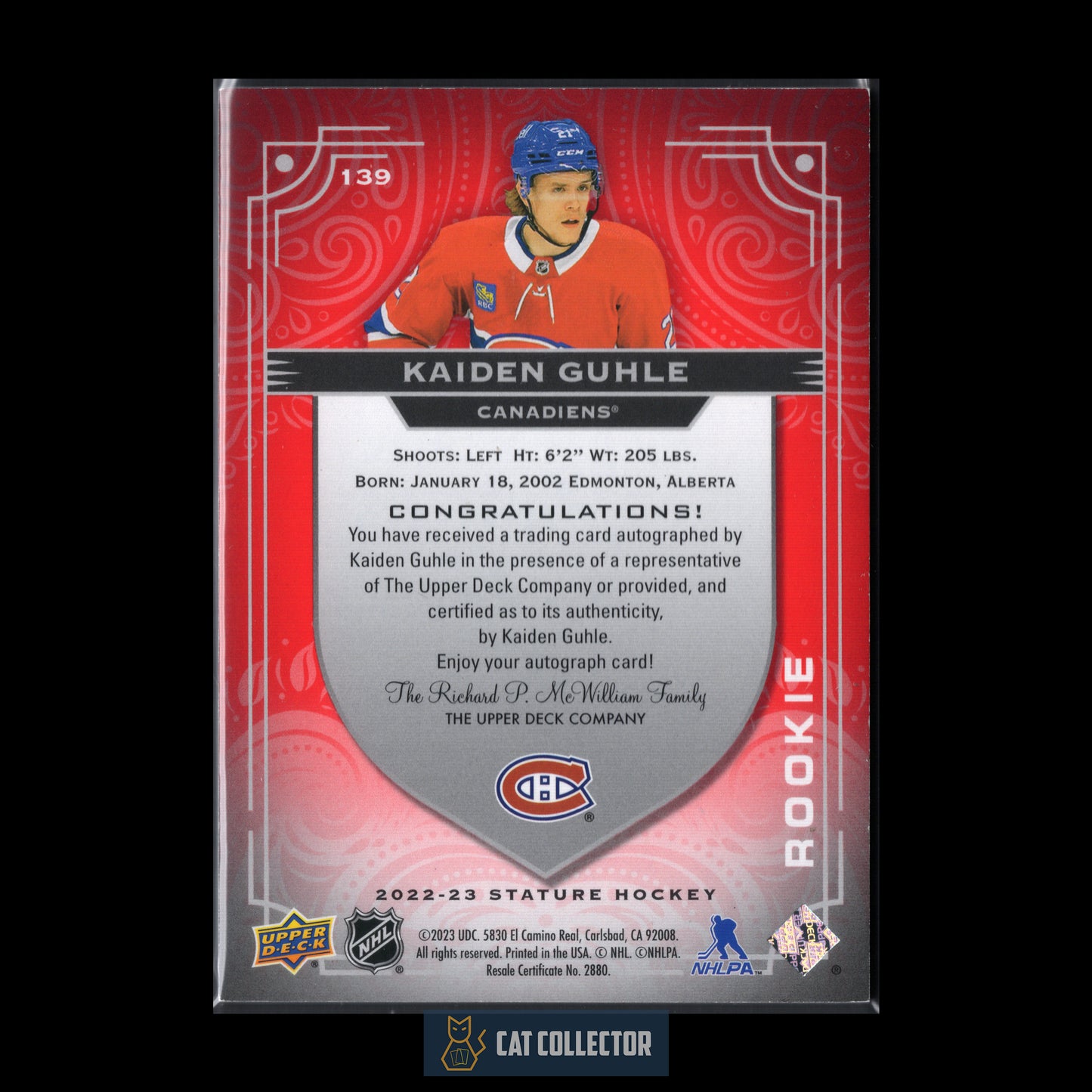 2022-23 Upper Deck Stature KAIDEN GUHLE #139 Rookie Auto Red /35
