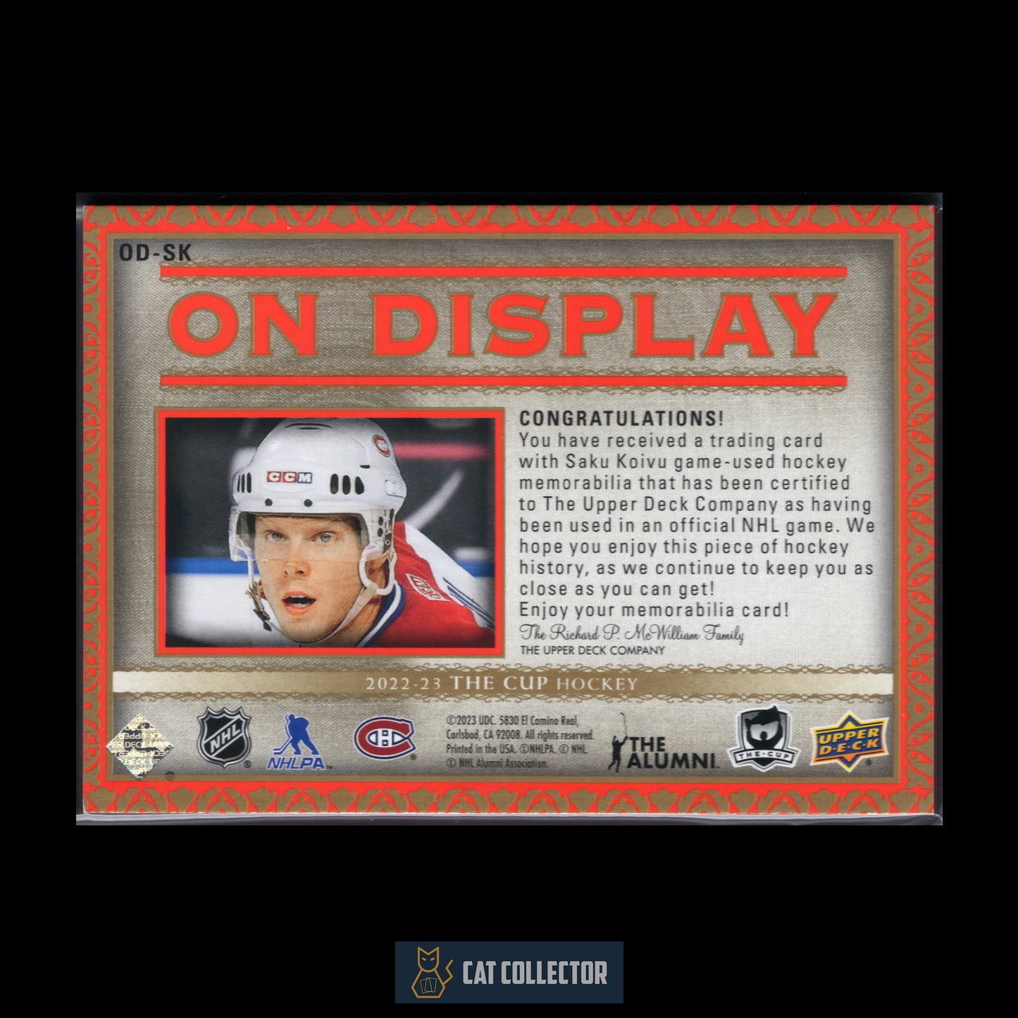 2022-23 Upper Deck The Cup SAKU KOIVU #OD-SK On Display /49 Jersey