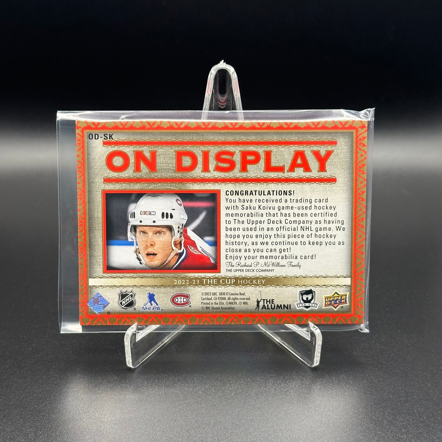 2022-23 Upper Deck The Cup SAKU KOIVU #OD-SK On Display /49 Jersey