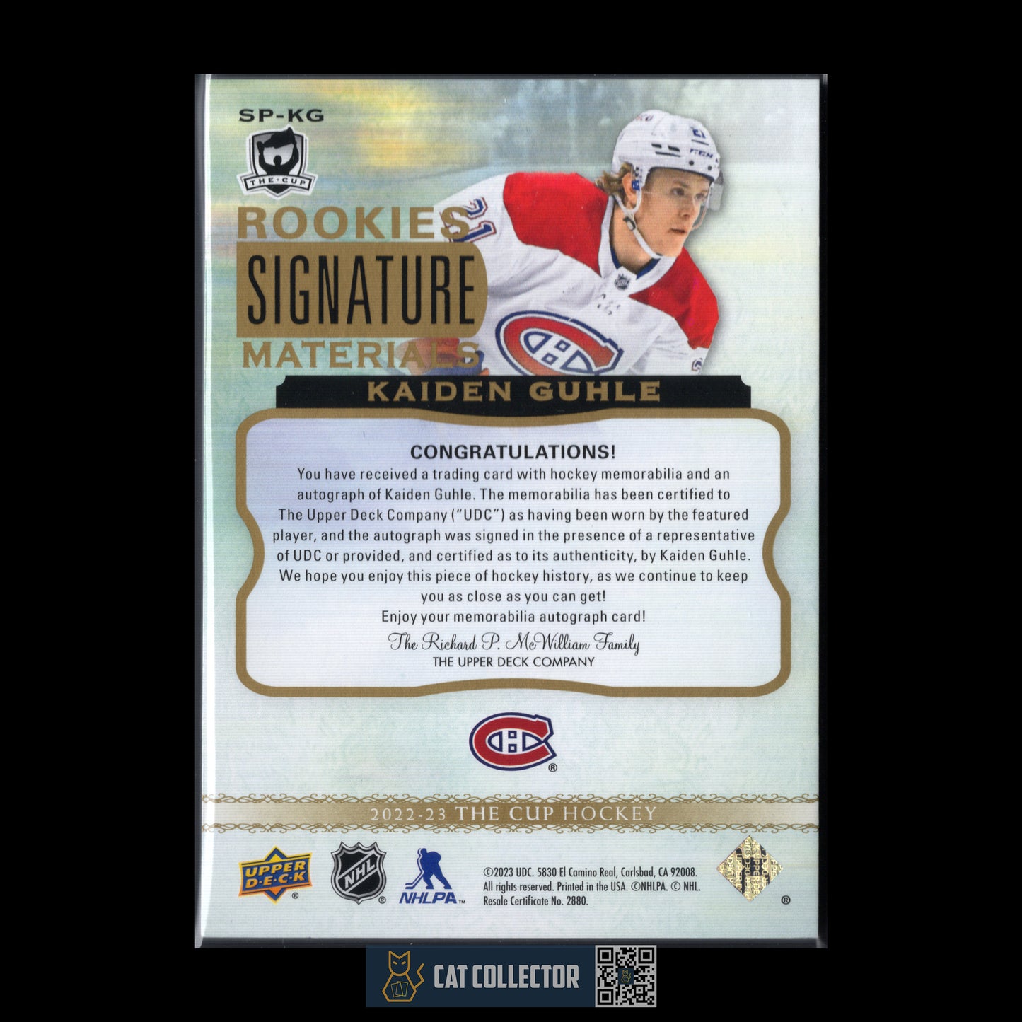 2022-23 Upper Deck The Cup KAIDEN GUHLE #SP-KG Rookie Signature Material RC /99 Auto Patch