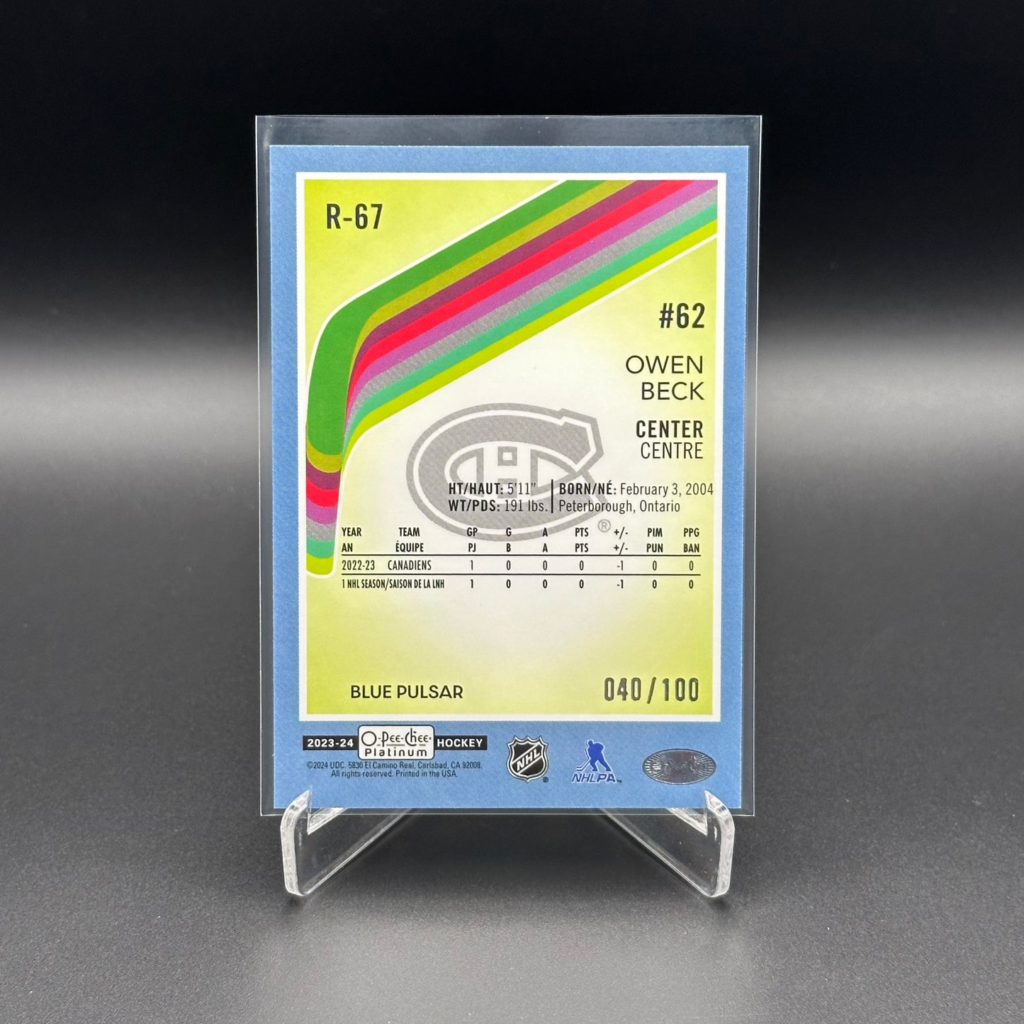 2023-24 O-Pee-Chee Platinum OWEN BECK #R-67 Retro Blue Pulsar RC /100