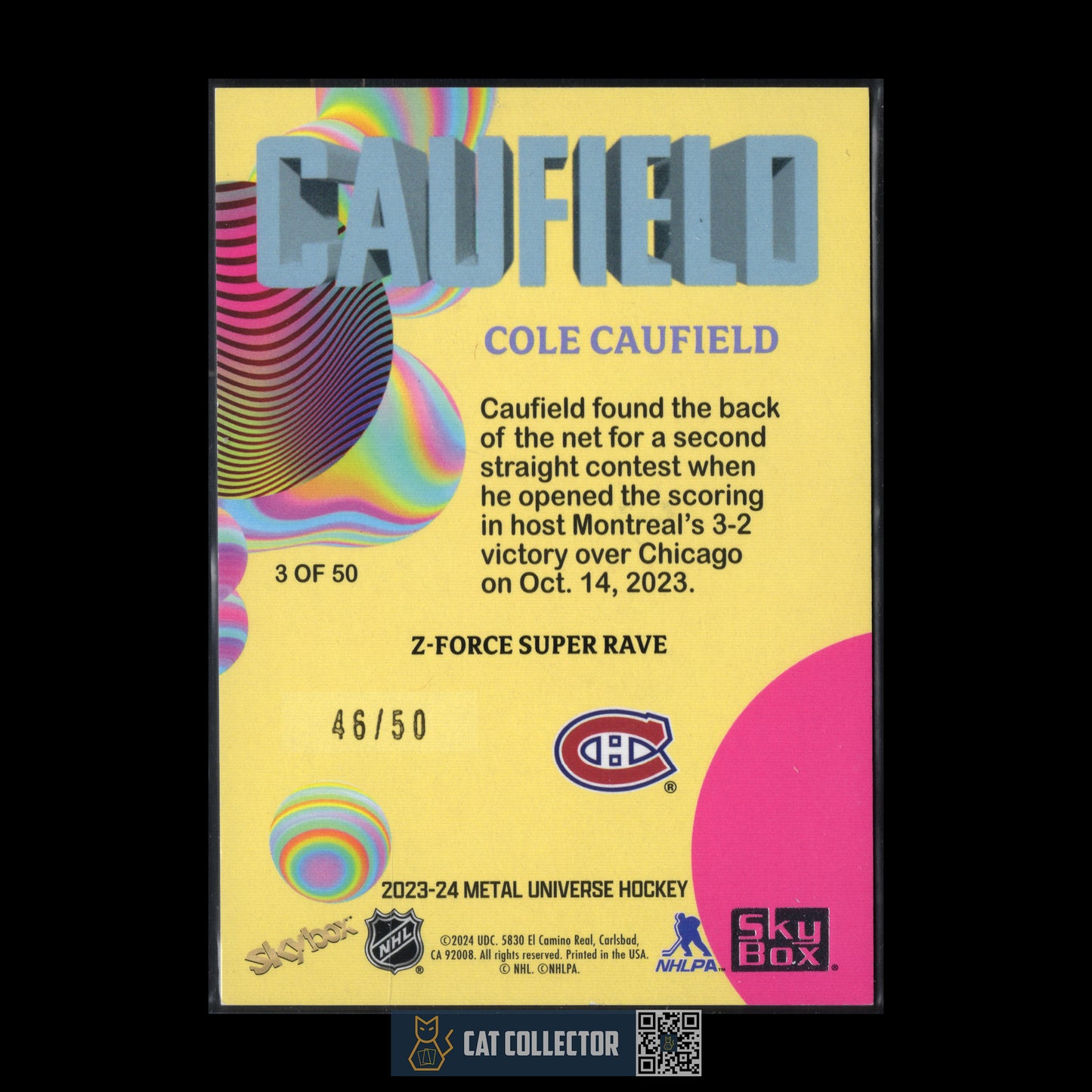 2023-24 SkyBox Metal Universe COLE CAUFIELD #3 of 50 Z-Force Super Rave /50