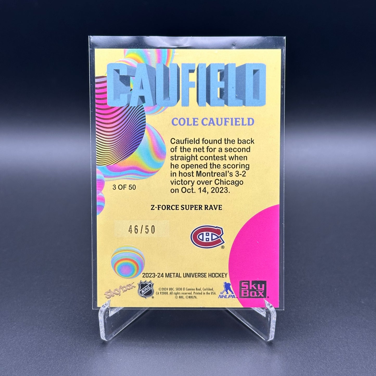 2023-24 SkyBox Metal Universe COLE CAUFIELD #3 of 50 Z-Force Super Rave /50