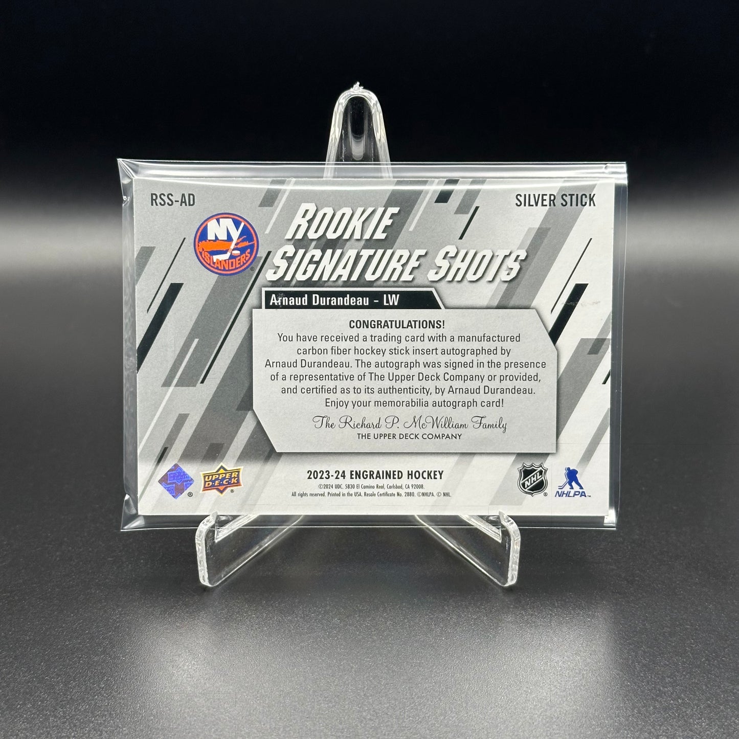 2023-24 Upper Deck Engrained ARNAUD DURANDEAU #RSS-AD Rookie Signature Shots Silver Stick RC /299 Auto