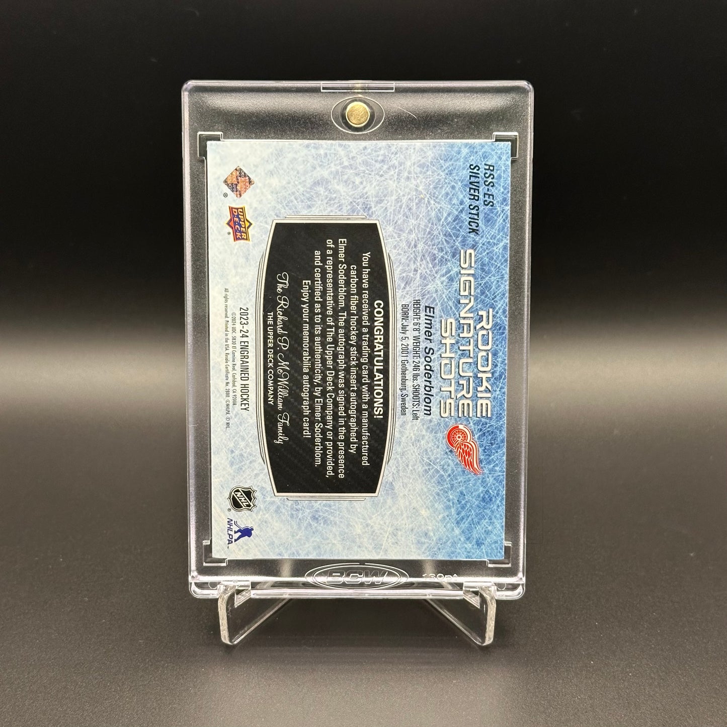 2023-24 UD Engrained ELMER SODERBLOM #RSS-ES Rookie Signature Shots Silver Stick RC /299 - Detroit Red Wings