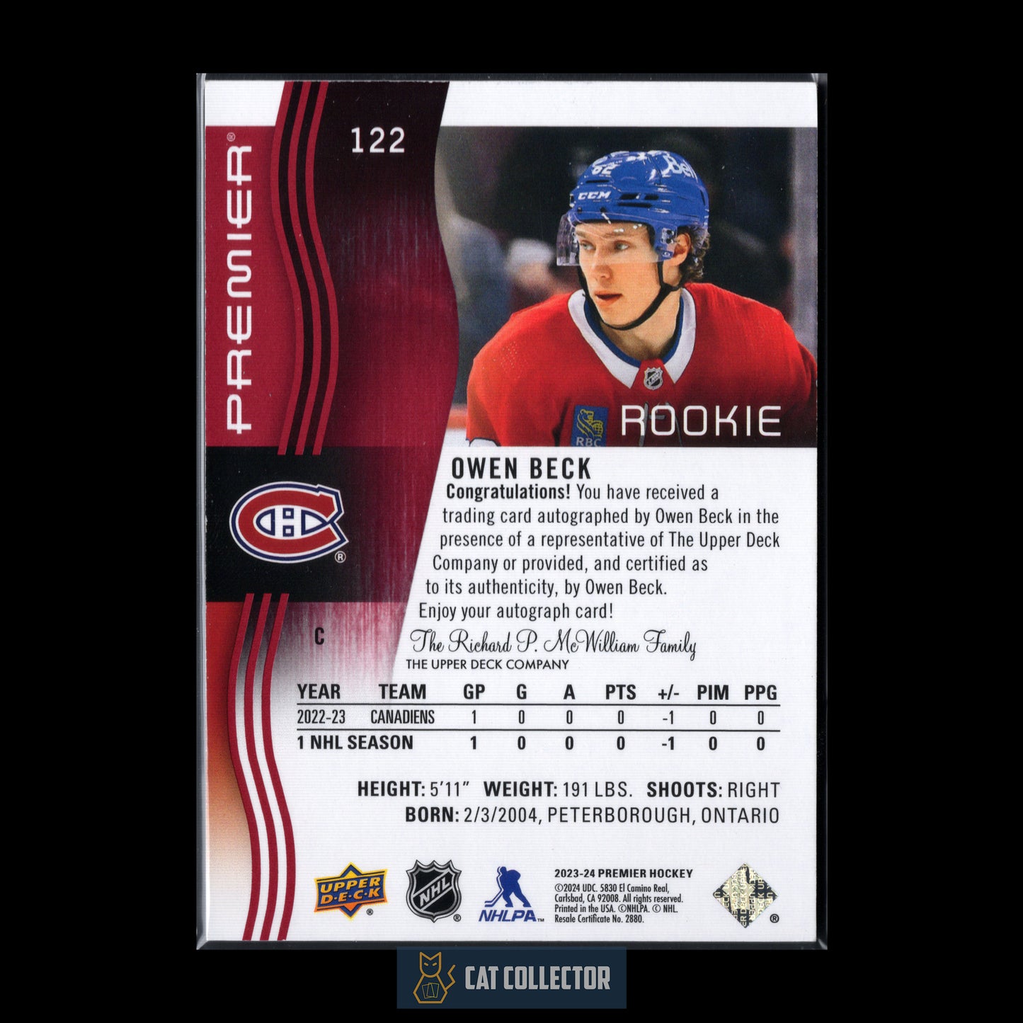 2023-24 UD Premier OWEN BECK #122 Red Auto RC Auto