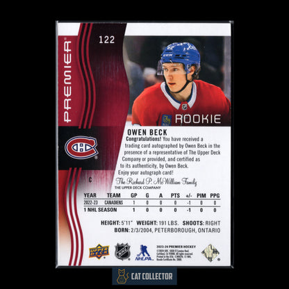 2023-24 UD Premier OWEN BECK #122 Red Auto RC Auto