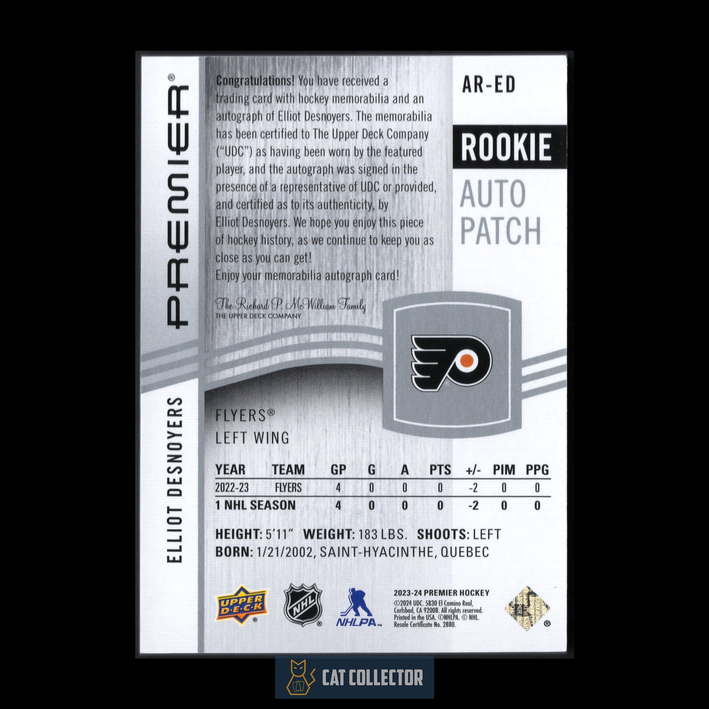 2023-24 Upper Deck Premier ELLIOT DESNOYERS #AR-ED Rookie Auto Patch RC /249