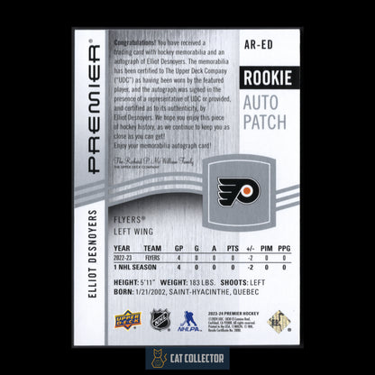 2023-24 Upper Deck Premier ELLIOT DESNOYERS #AR-ED Rookie Auto Patch RC /249