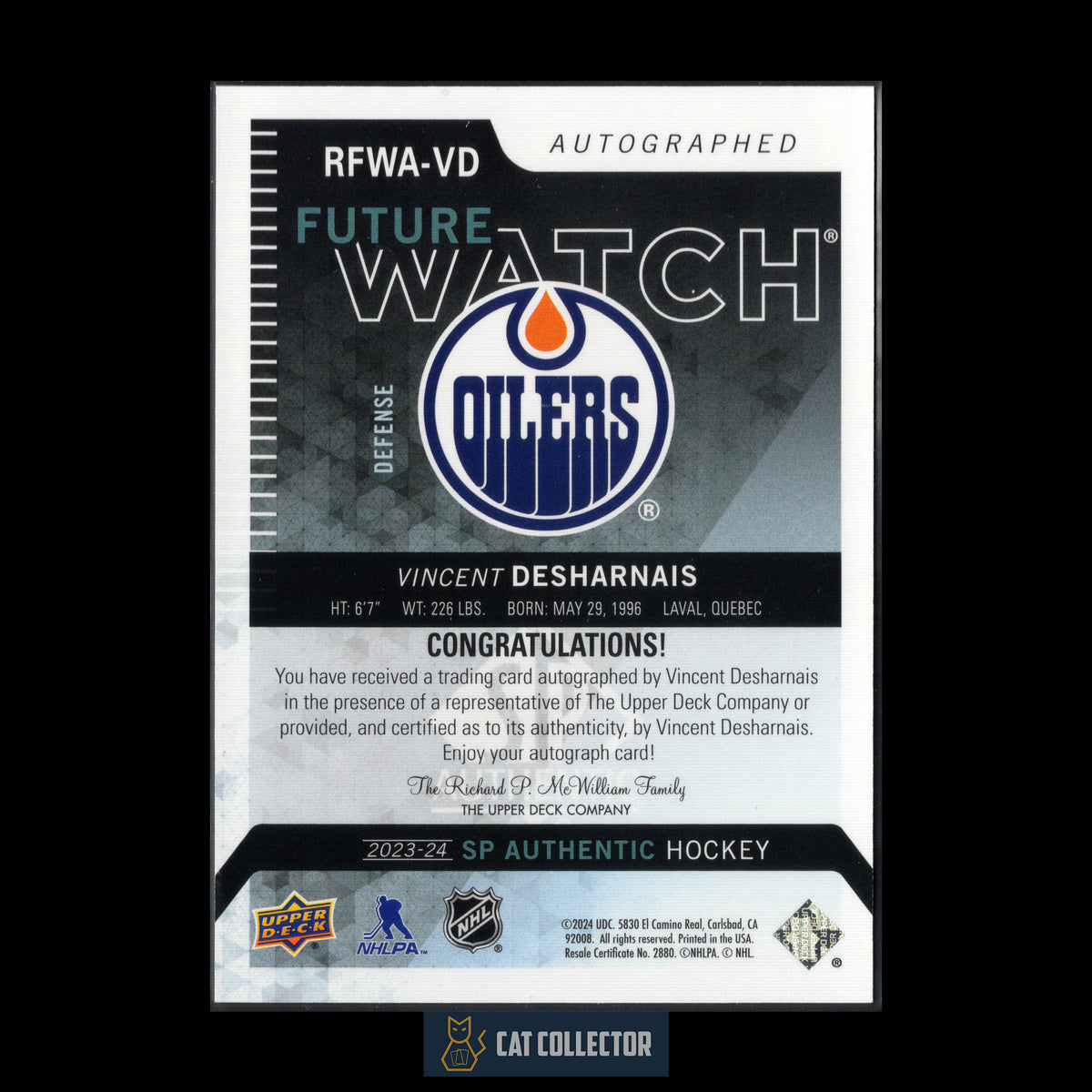 2023-24 UD SP Authentic VINCENT DESHARNAIS #RFWA-VD Retro Future Watch Auto RC /699