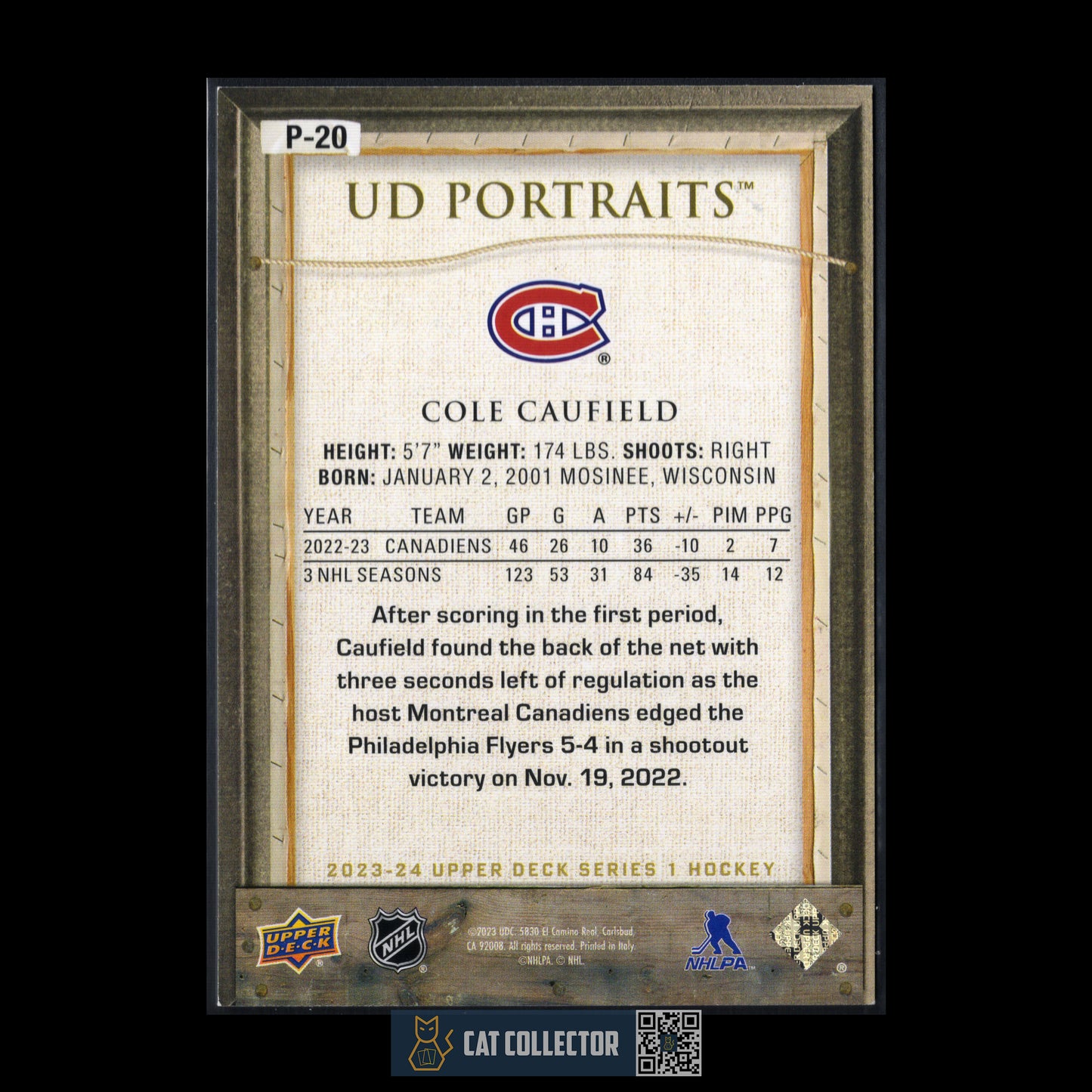 2023-24 Upper Deck Series 1 COLE CAUFIELD #P-20 UD Portraits