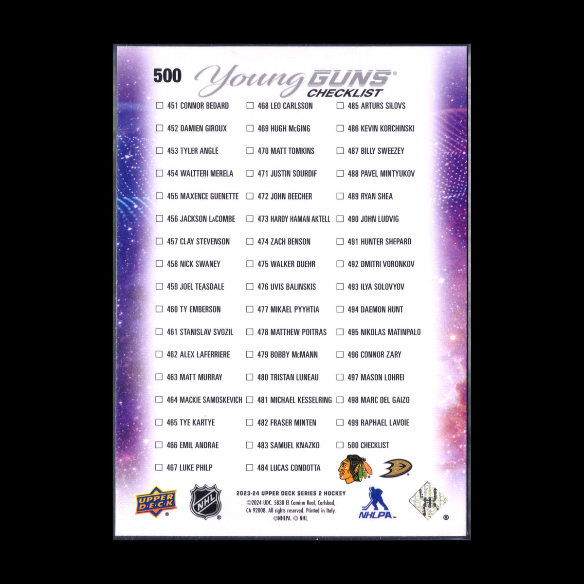 2023-24 UD Series 2 CONNOR BEDARD / LEO CARLSSON #500 Young Guns Checklist RC