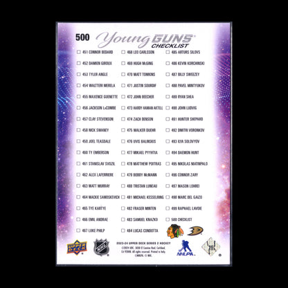 2023-24 UD Series 2 CONNOR BEDARD / LEO CARLSSON #500 Young Guns Checklist RC