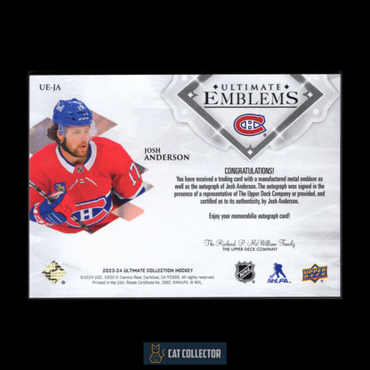 2023-24 Upper Deck Ultimate Collection JOSH ANDERSON #UE-JA Ultimate Emblems Auto