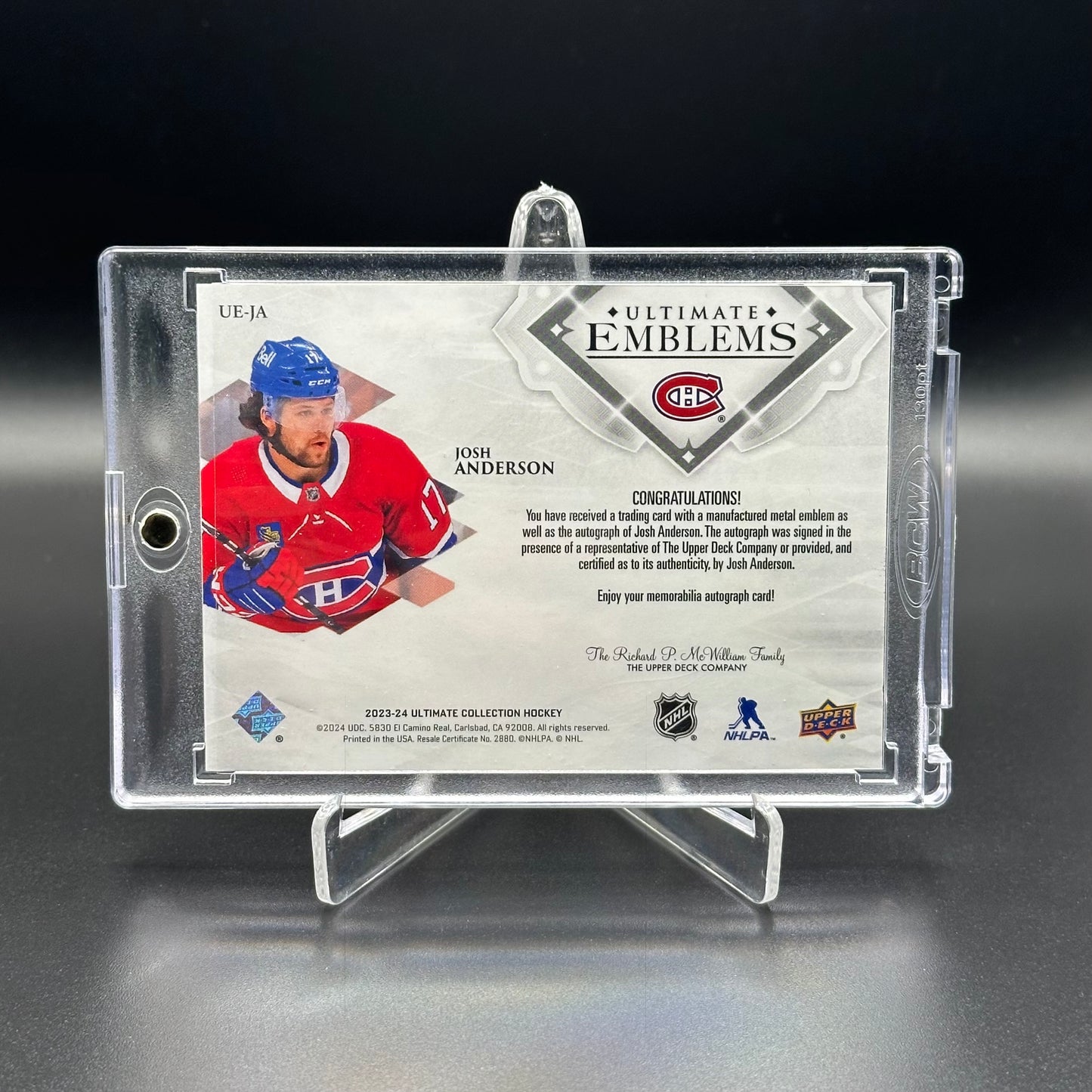 2023-24 Upper Deck Ultimate Collection JOSH ANDERSON #UE-JA Ultimate Emblems Auto