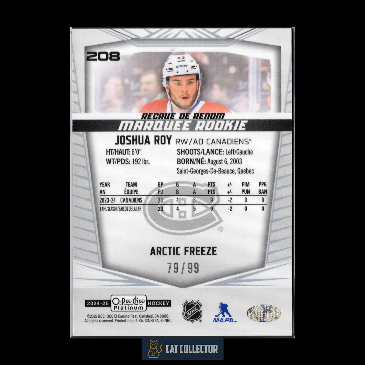 2024-25 O-Pee-Chee Platinum JOSHUA ROY #208 Marquee Rookie Arctic Freeze RC /99