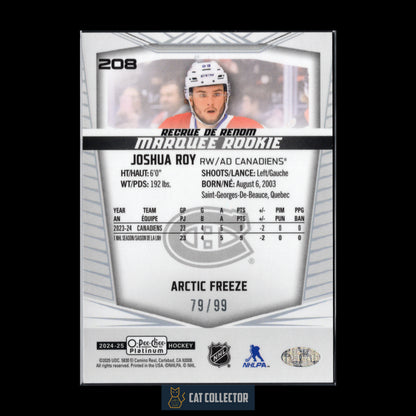 2024-25 O-Pee-Chee Platinum JOSHUA ROY #208 Marquee Rookie Arctic Freeze RC /99