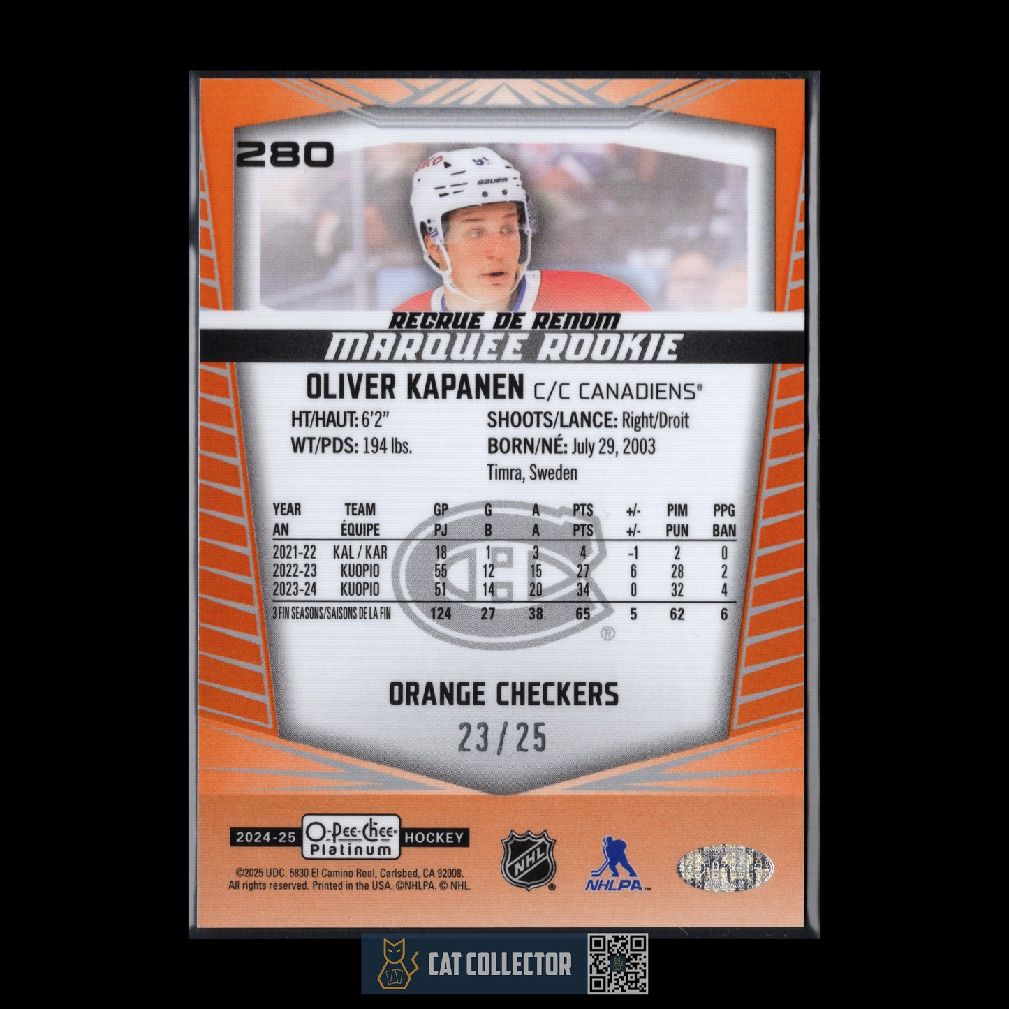 2024-25 OPC Platinum OLIVER KAPANEN #280 Marquee Rookie Orange Checkers RC /25