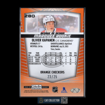 2024-25 OPC Platinum OLIVER KAPANEN #280 Marquee Rookie Orange Checkers RC /25