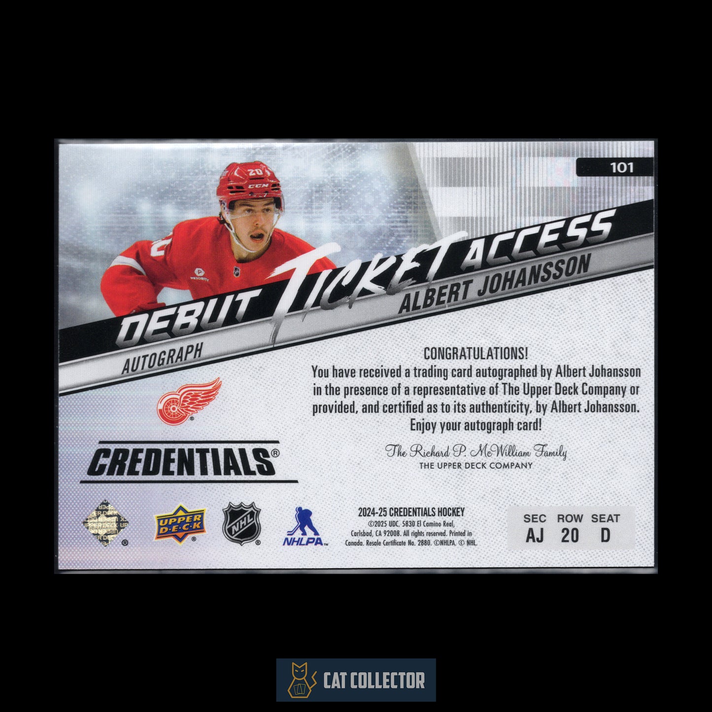 2024-25 UD Credentials ALBERT JOHANSSON #101 Horizontal Debut Ticket Access Auto RC /99 Auto