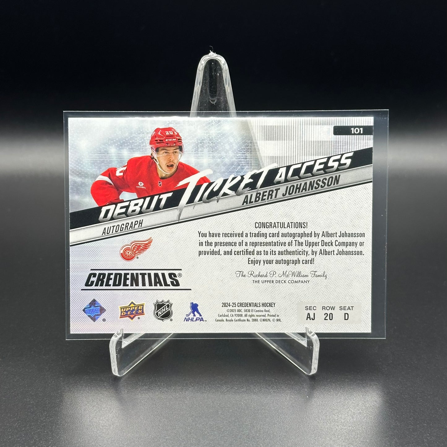 2024-25 UD Credentials ALBERT JOHANSSON #101 Horizontal Debut Ticket Access Auto RC /99 Auto