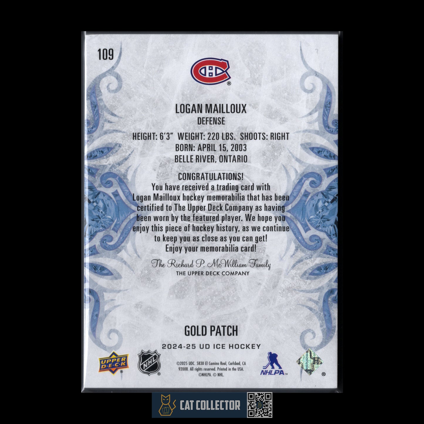 2024-25 Upper Deck Ice LOGAN MAILLOUX #109 Gold Patch RC /35