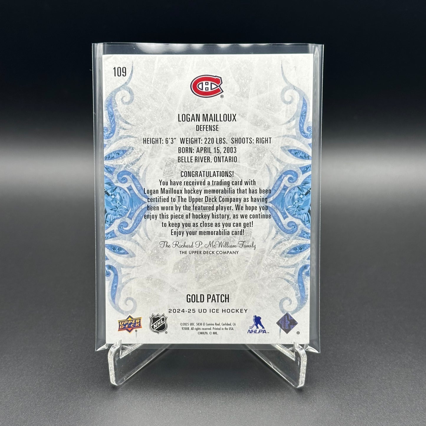 2024-25 Upper Deck Ice LOGAN MAILLOUX #109 Gold Patch RC /35
