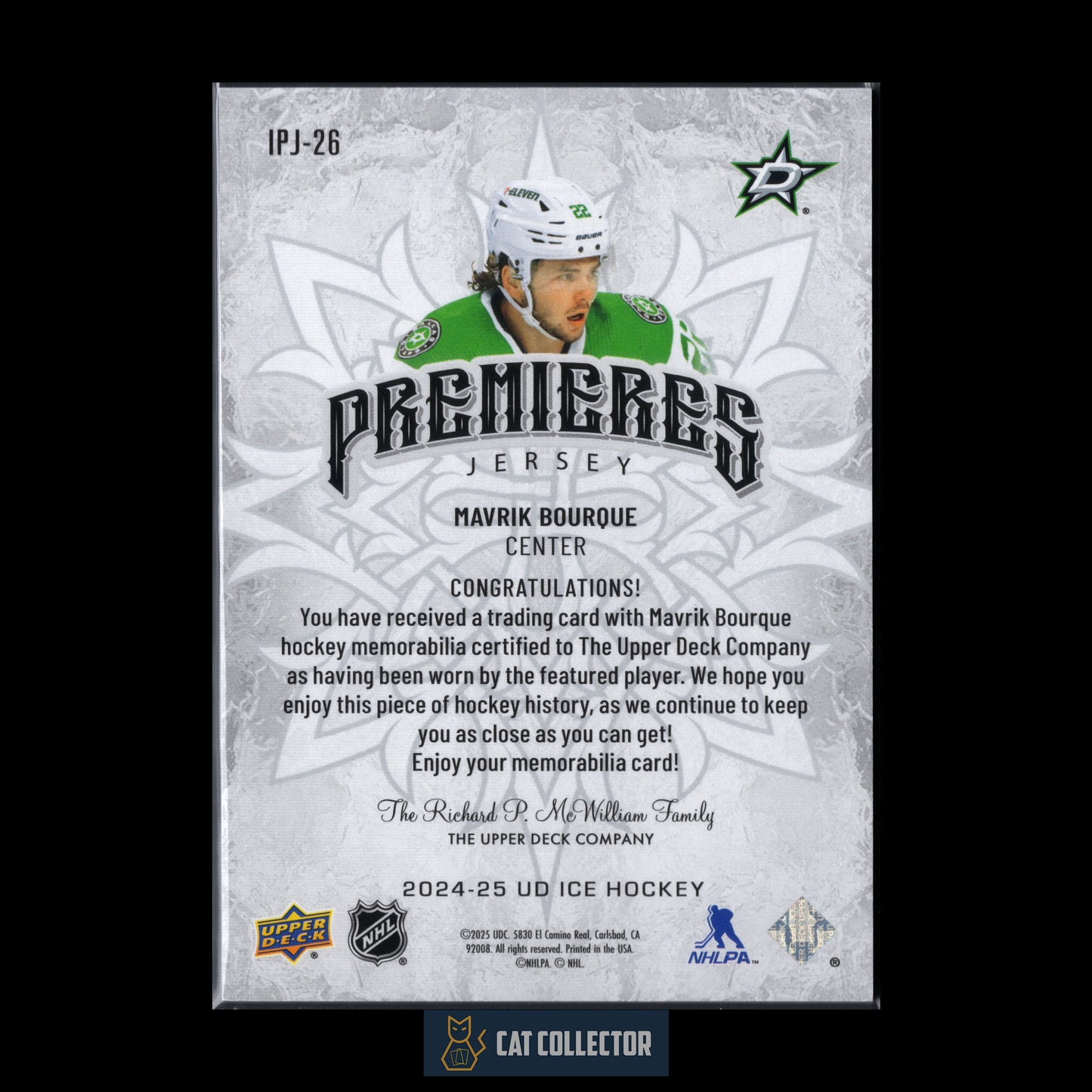2024-25 UD Ice MAVRIK BOURQUE #IPJ-26 Premieres Jerseys RC