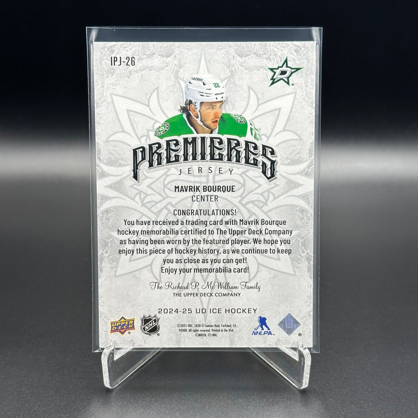 2024-25 UD Ice MAVRIK BOURQUE #IPJ-26 Premieres Jerseys RC