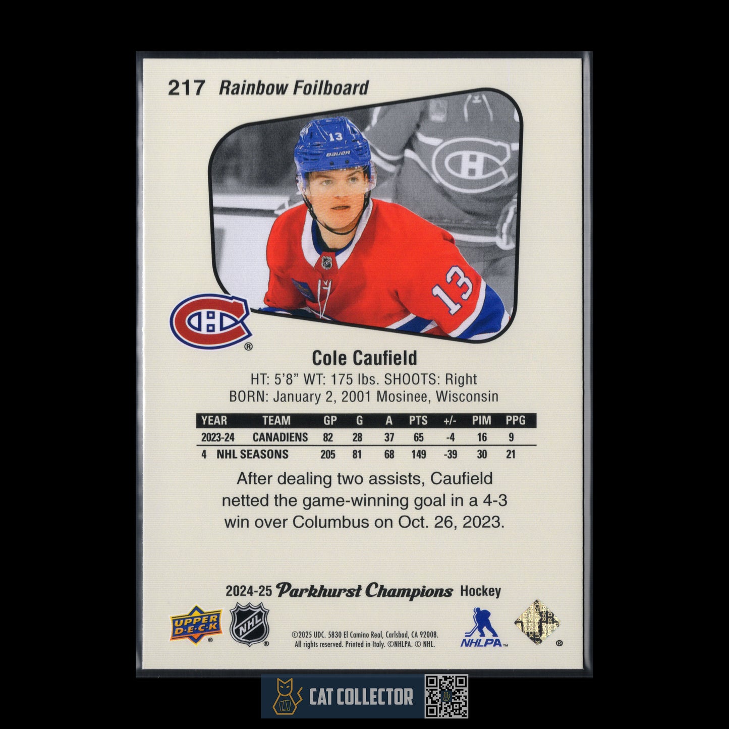 2024-25 Upper Deck Parkhurst COLE CAUFIELD #217 Rainbow Foilboard