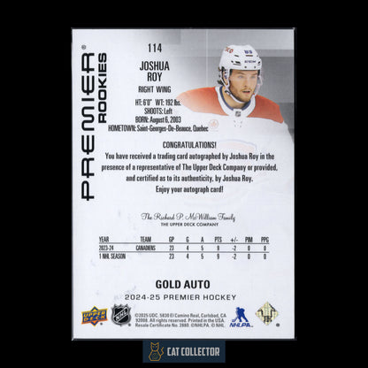 2024-25 Upper Deck Premier JOSHUA ROY #114 Gold Auto RC /35