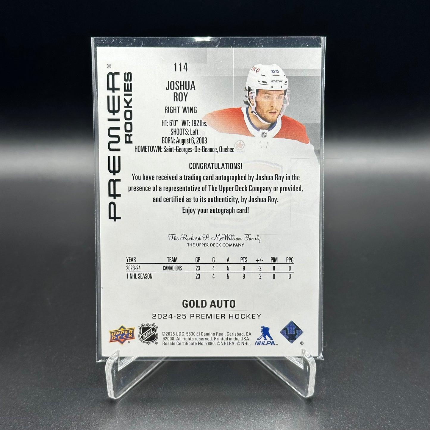 2024-25 Upper Deck Premier JOSHUA ROY #114 Gold Auto RC /35