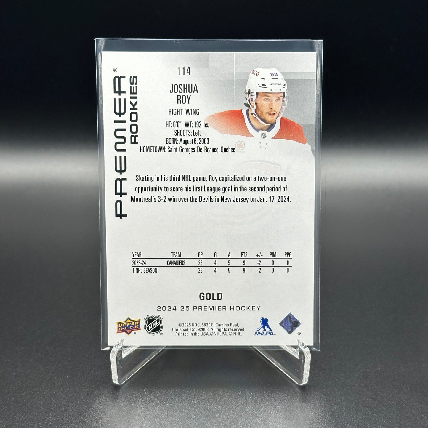 2024-25 Upper Deck Premier JOSHUA ROY #114 Gold RC /199