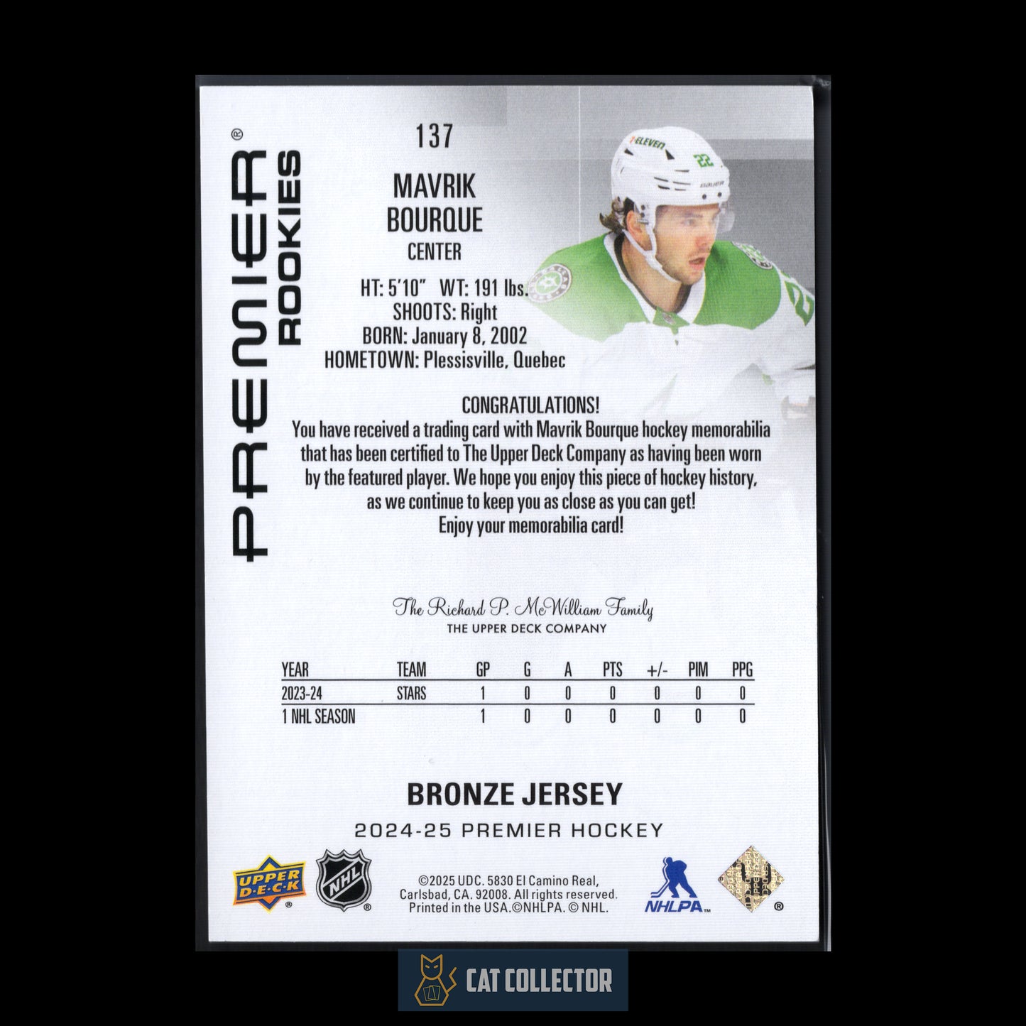 2024-25 Upper Deck Premier MAVRIK BOURQUE #137 Bronze Jersey Rookie RC