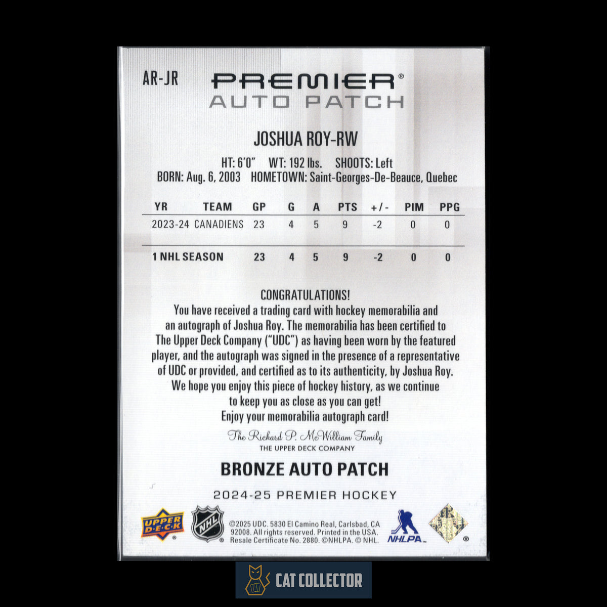 2024-25 UD Premier JOSHUA ROY #AR-JR Rookie Auto Patch RC /249 3 colors