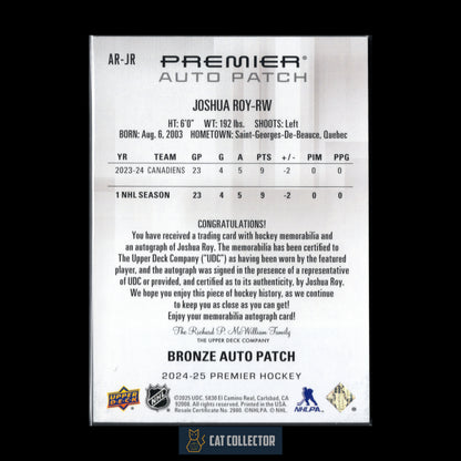 2024-25 UD Premier JOSHUA ROY #AR-JR Rookie Auto Patch RC /249 3 colors
