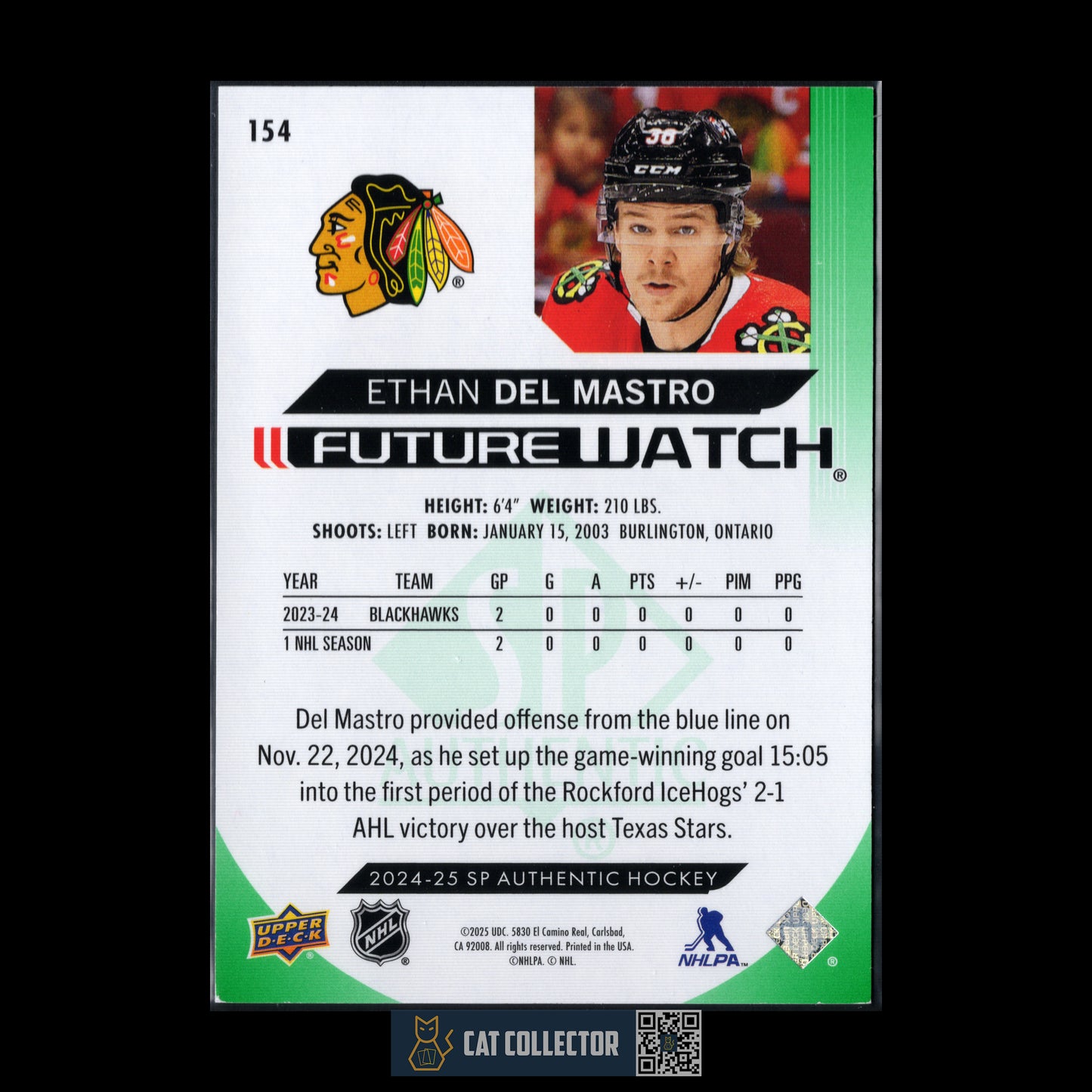 2024-25 UD SP Authentic ETHAN DEL MASTRO #154 Future Watch Limited Green RC /199