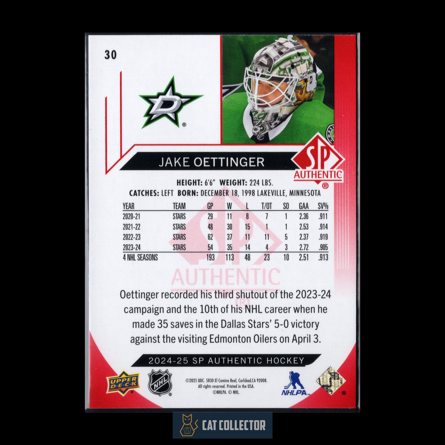 2024-25 UD SP Authentic JAKE OETTINGER #30 Limited Red