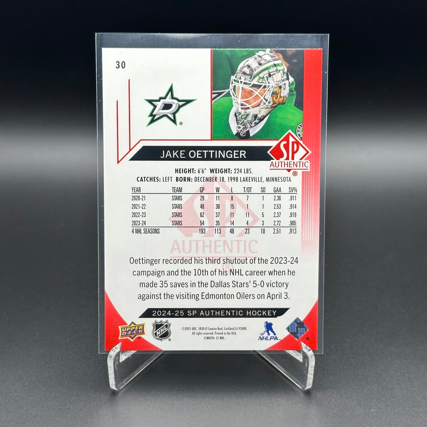 2024-25 UD SP Authentic JAKE OETTINGER #30 Limited Red