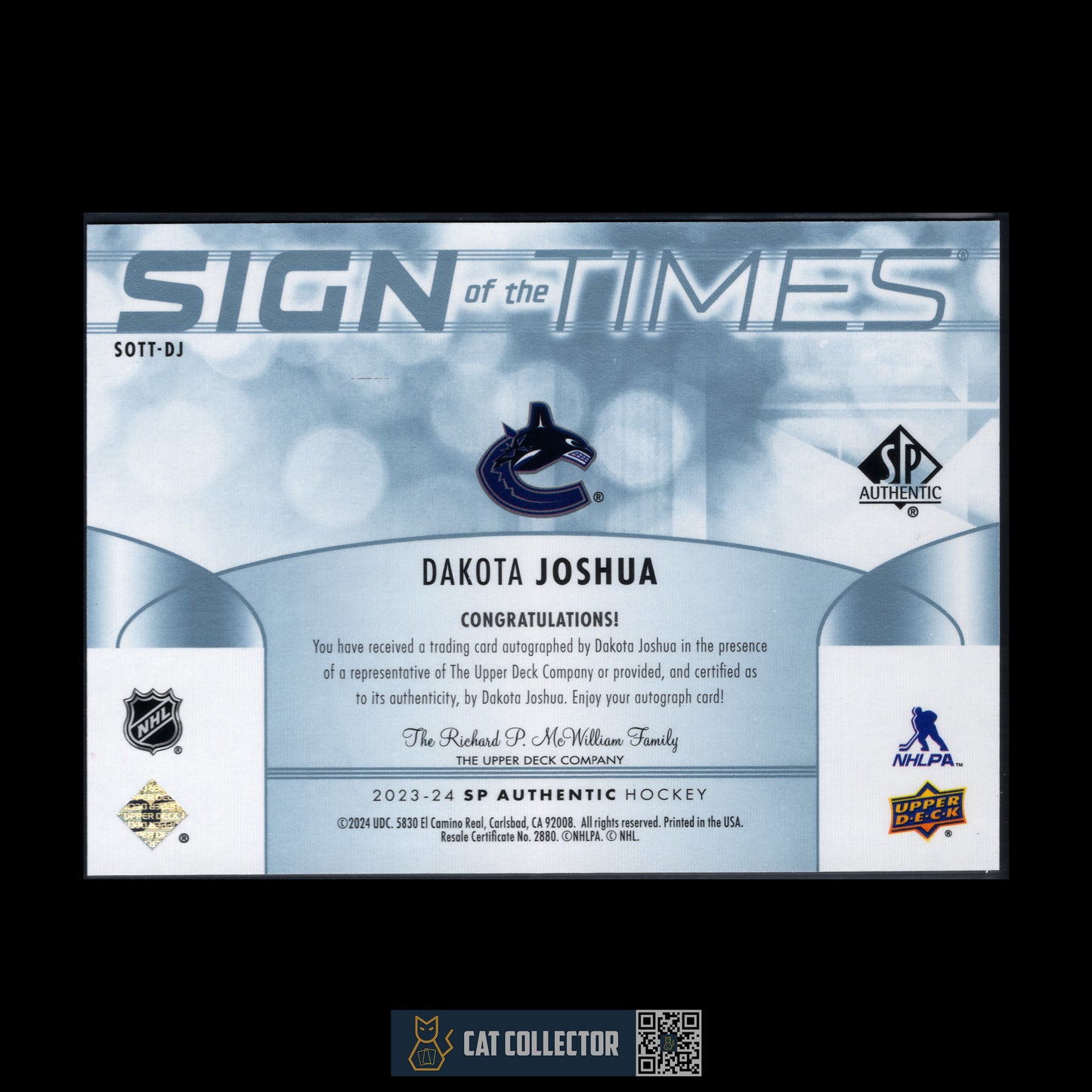 2023-24 Upper Deck SP Authentic DAKOTA JOSHUA #SOTT-DJ Sign of the Times Auto