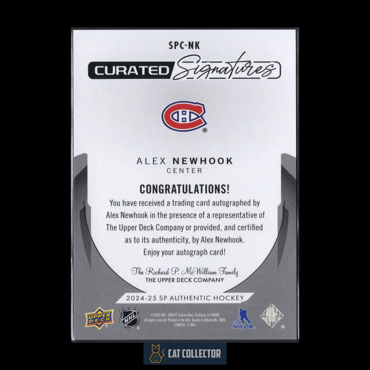 2024-25 Upper Deck SP Authentic ALEX NEWHOOK #SPC-NK Curated Signatures /299 Auto